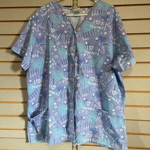 Simply Basic Nurses Love Cool Fun Hearts Print Blue Scrub Top 2X‎